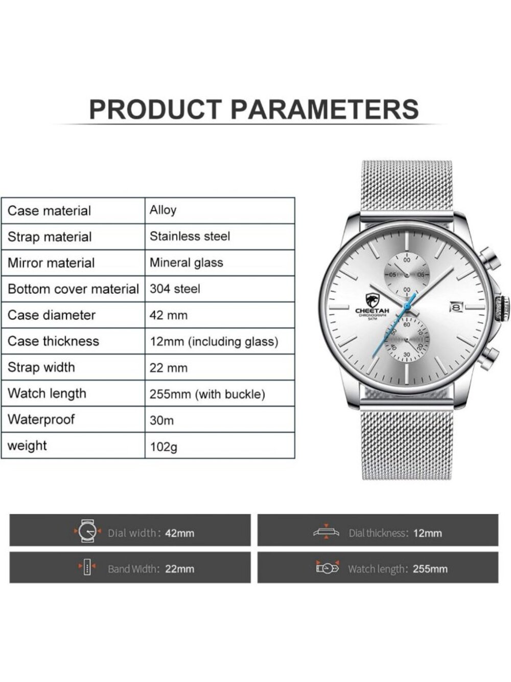 Sleek Minimalist Men's Watch - Waterproof Quartz Analog Chronograph with Mesh - Picture 4 of 9